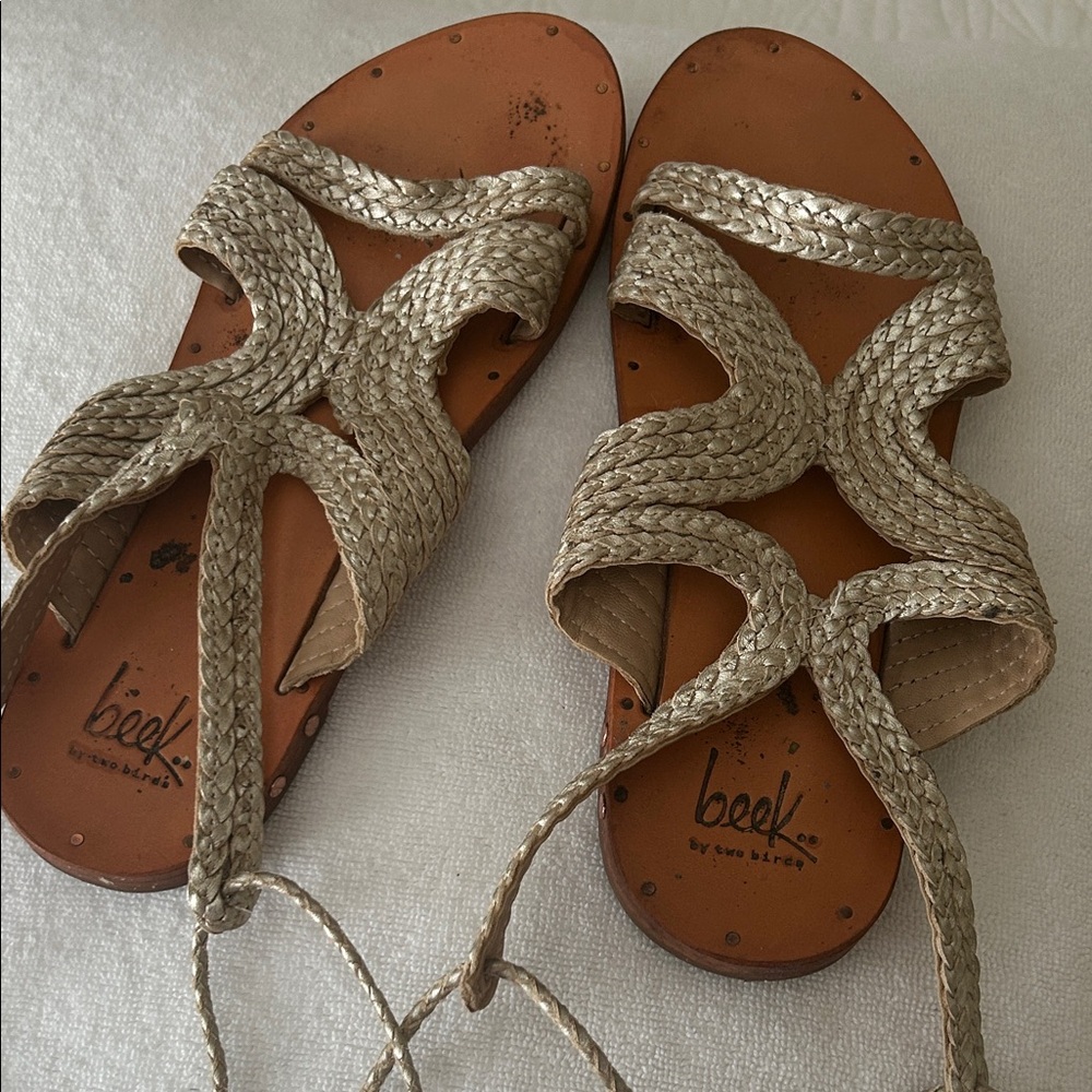 EUC Beek Braided Metallic Gold Leather Sandals/ Made in Brazil